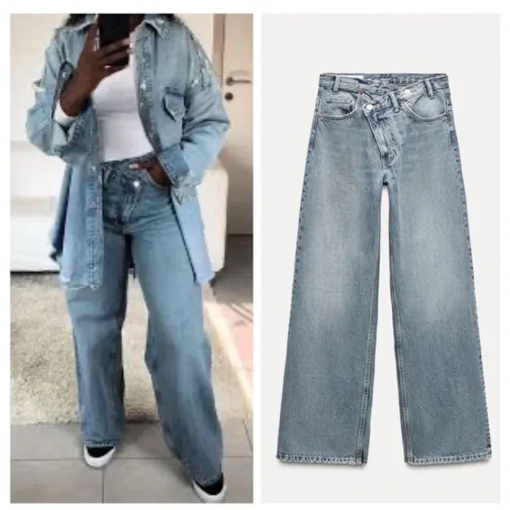NWT ZARA WOMAN HIGH-WAIST TRF WIDE-LEG JEANS CROSSOVER WAISTBAND BLUE - Picture 4 of 6